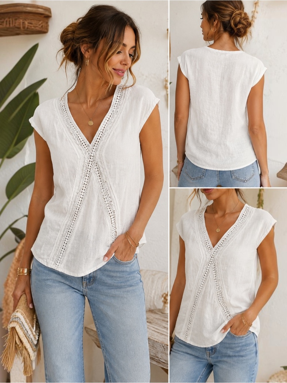 Elena Baldi Italy 100% Linen White Lace Trim Cap Sleeve V-Neck Blouse S